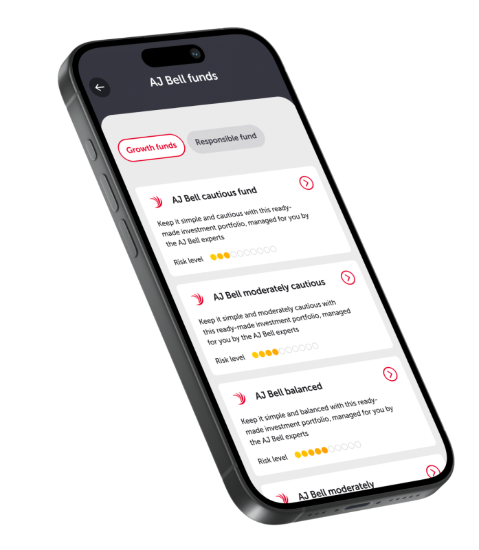 Image shows phone preview of AJ Bell funds