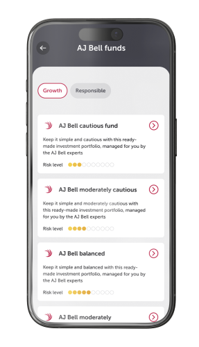 Preview of app showing range of AJ Bell funds
