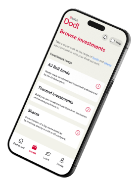 Phone preview showing Dodl investment range in the app